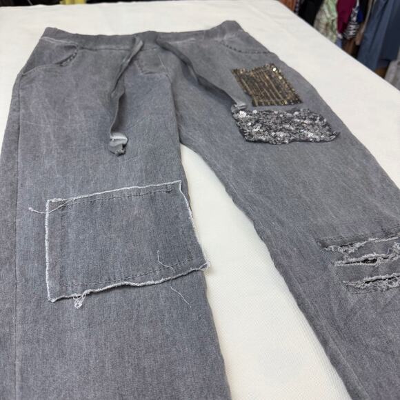 Made In Italy Charcoal Pull On Gray Pants Sequin Patches Wide Drawstring Waist - Picture 16 of 16